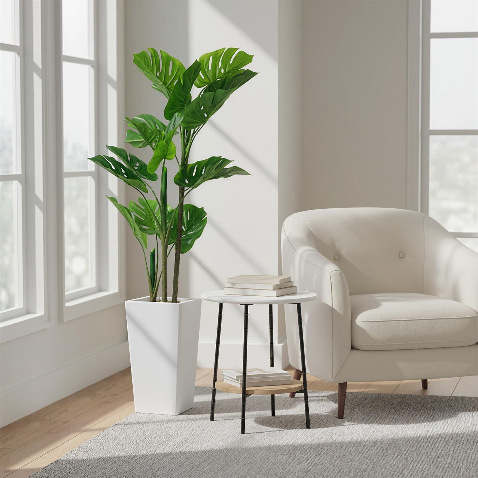 Accreate Faux Banana Tree Artificial Plant, Fake Potted Tropical Evergreen with Tall White Planter for Living Room, Entryway, Porch, or Office