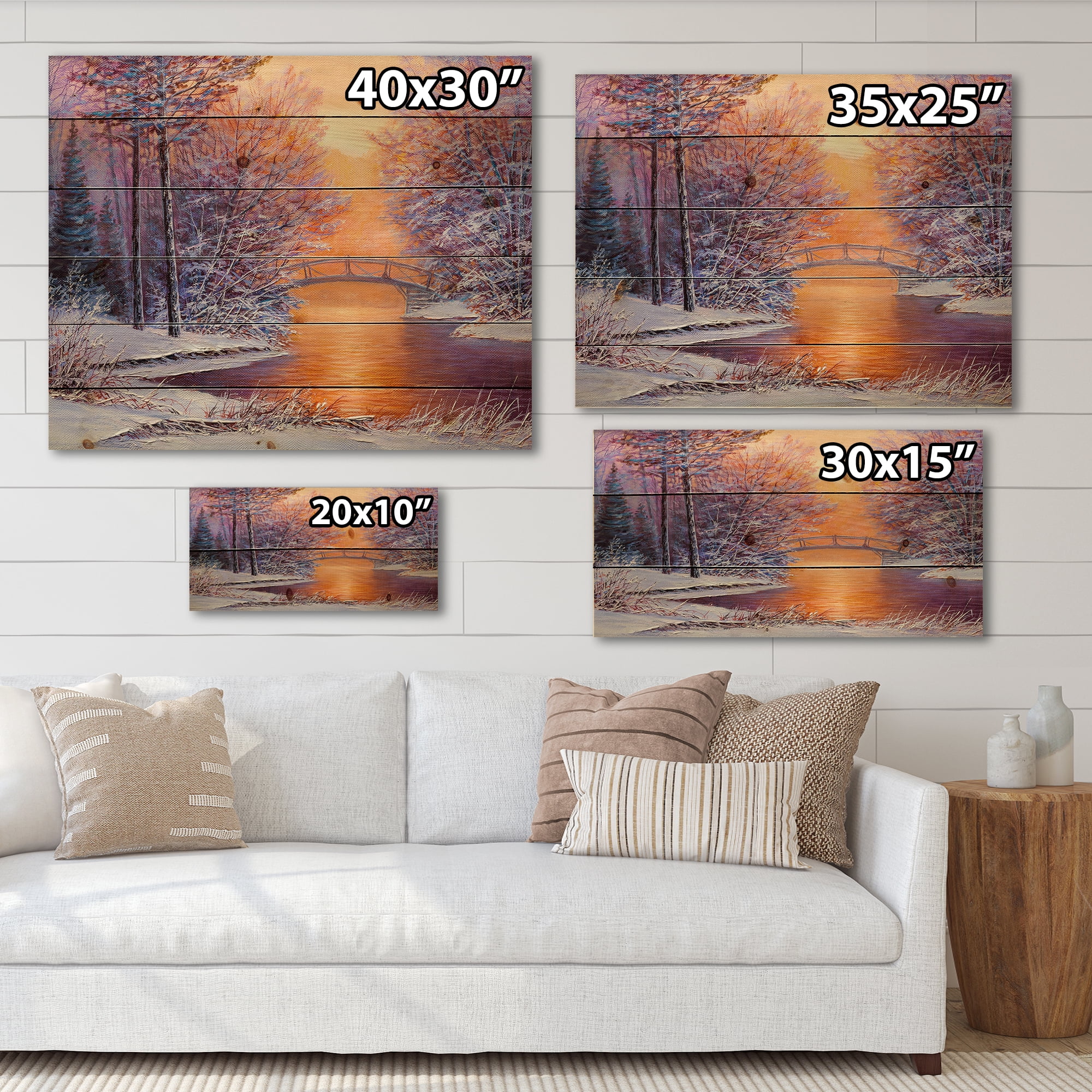 Designart 'Winter Landscape With Bridge Over The River' Traditional Print on Natural Pine Wood