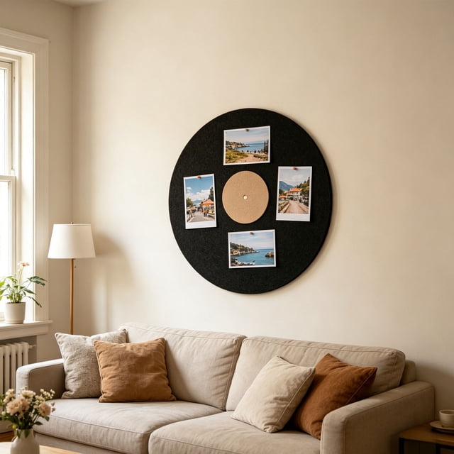 Tableau Photo Rond en Tissu de 40 cm pour Disques Vinyles, Tableau de Notes en Polyester d'Inspiration Vintage, Installation Facile, Présentoir Mural Réutilisable, Organisateur Artistique Nostalgique pour Décoration de Maison, Bureau et Chambre à Thème Musical