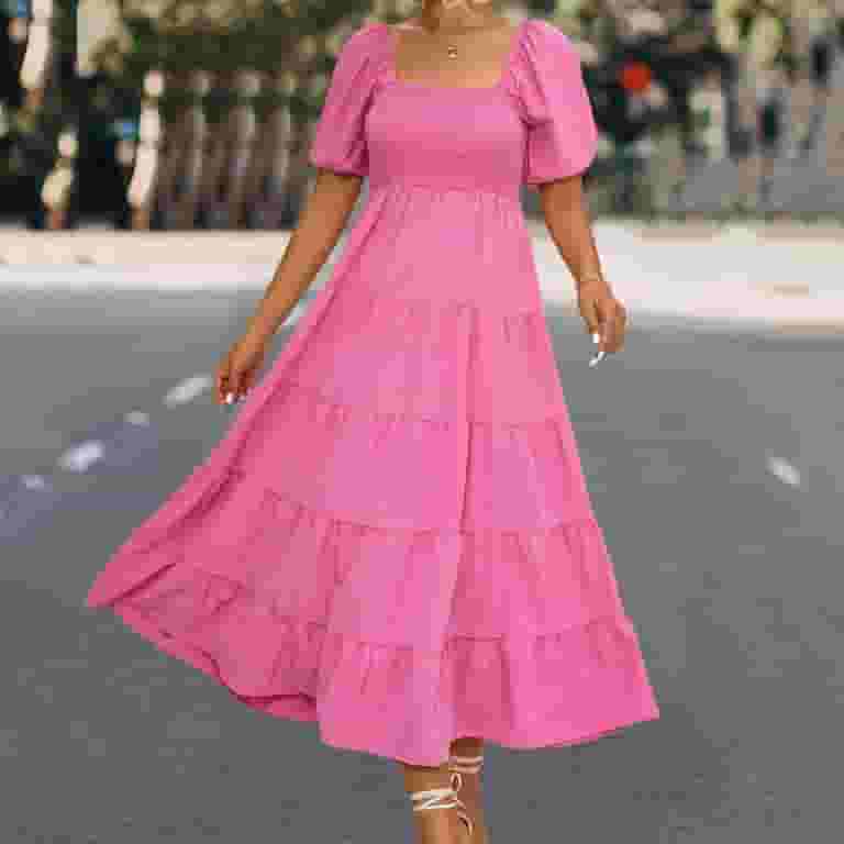 Beach Dresses for Women Square Neck Puff Short Sleeve Tiered Beach Dresses for Women Square Neck Puff Short Sleeve Tiered