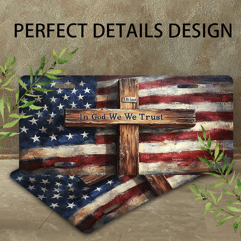Muishi American Flag Cross Decorative License Plate – Metal Novelty Vanity Tag For Wall, Truck, Garage, 6x12 Inch