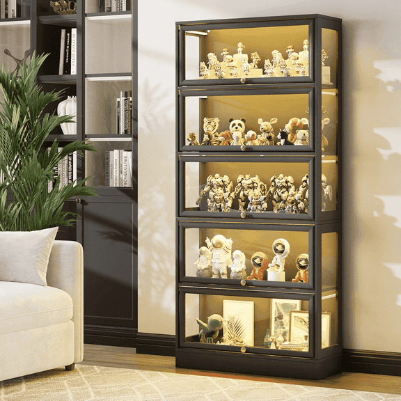 HMstone Display Cabinet with Acrylic Glass Doors, 5-Tiers Curio Display Case with LED Lights, 67" H Storage Cabinet for Collectibles, Books, Black