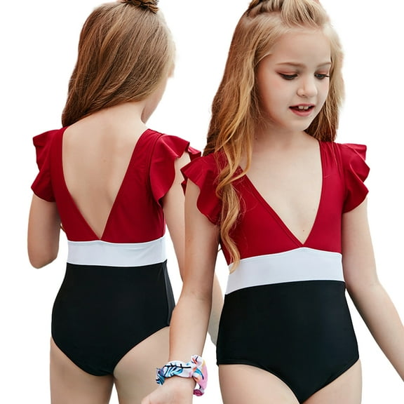 YTDSCS Kids Girls Swimsuits One Piece Bathing Suit Swimwear Big & Tall Ruffled Bikini Swimsuits Summer V-Neck Bathing Suits Beach Pool Clothes for 6-12T