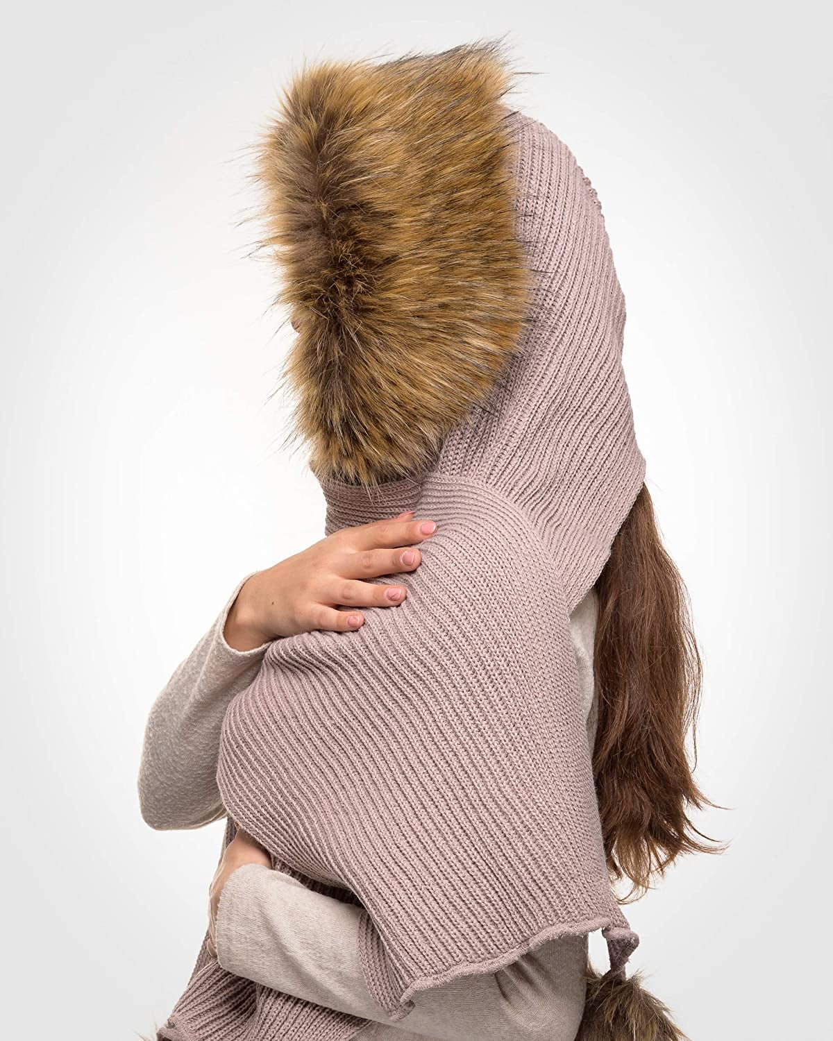 特価Futrzane Faux Fur Hooded Scarf for Women Versatile Knitted Cowl Winter  (Grey Husky Raccoon)並行輸入商品 【驚きの値段で】