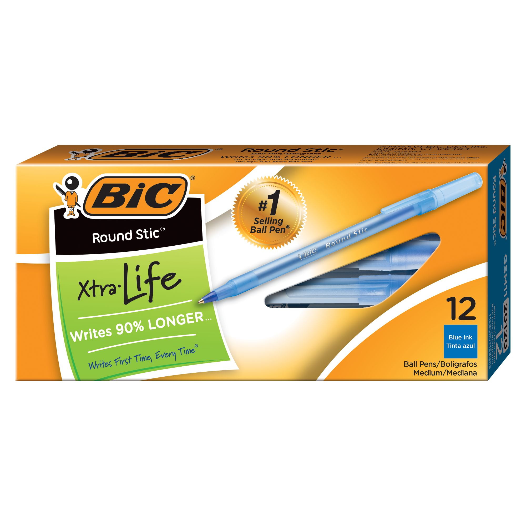 BLUE BIC Round Stic Xtra Life Office School Ballpoint Stick Pen Medium 96 ct 