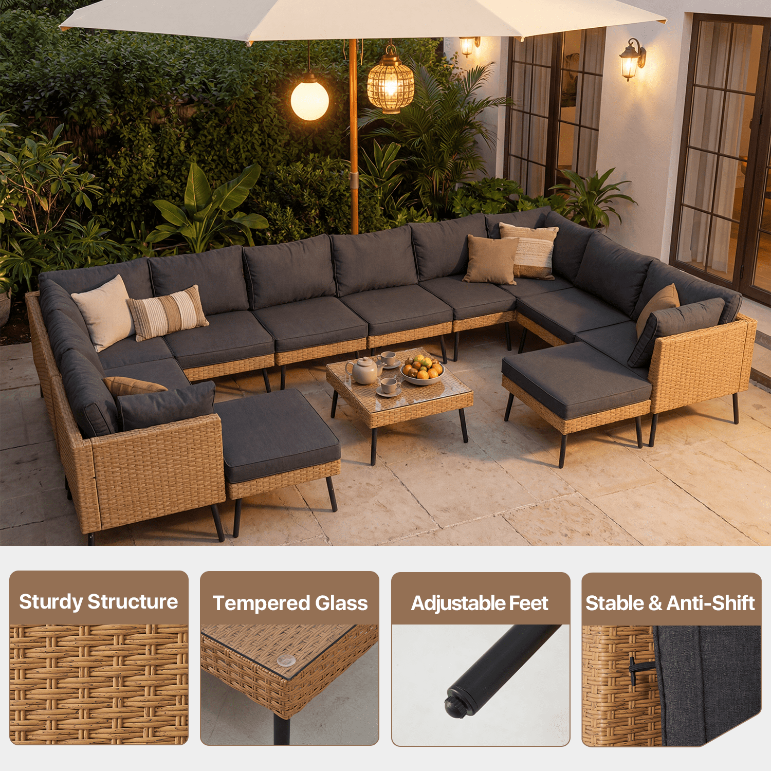 BaPiPro 13-Piece Outdoor PE Rattan Sectional Sofa Set, All-Weather Patio Conversation Set with Cushions & Tempered Glass Coffee Table, Suitable for Courtyard, Backyard and Garden, Black