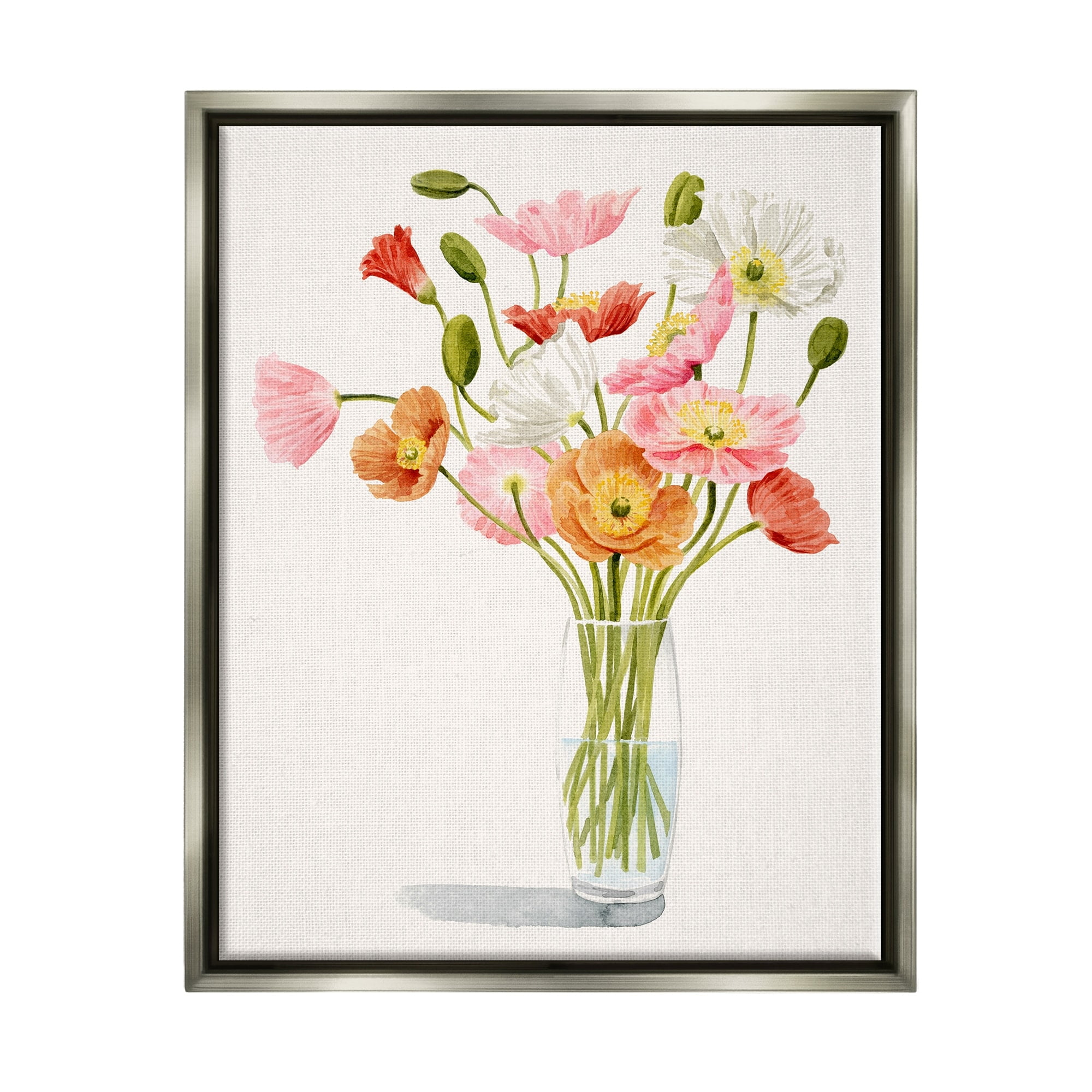 Stupell Industries Vivid Poppies Glass Floral Bouquet Arrangement Luster Gray Framed Floating Canvas Wall Art, 16x20, by Grace Popp