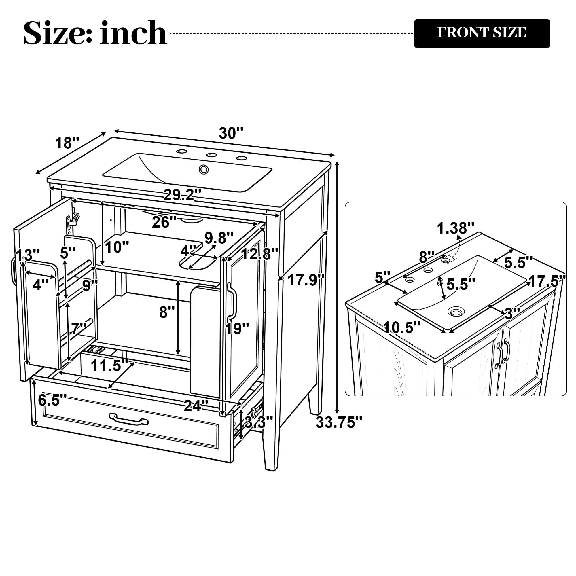30" Natural Wood Grain Bathroom Vanity with Ceramic Sink Top, Solid Wood Legs, Soft-Close Double Doors & Bottom Drawer, Adjustable Interior Shelf, Door-mounted Organizers