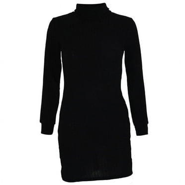 Fashion Women Solid Color Knitted Dress Autumn Winter High Neck Sweater Long Sleeve Pencil Mini Dress Black XL