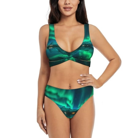 Zeuib Northern Lights High Waisted Tummy Control Bikini Set - Knot Front Push Up Top & Cheeky Thong Bottom  Two-Piece Swimsuit for Women-Small