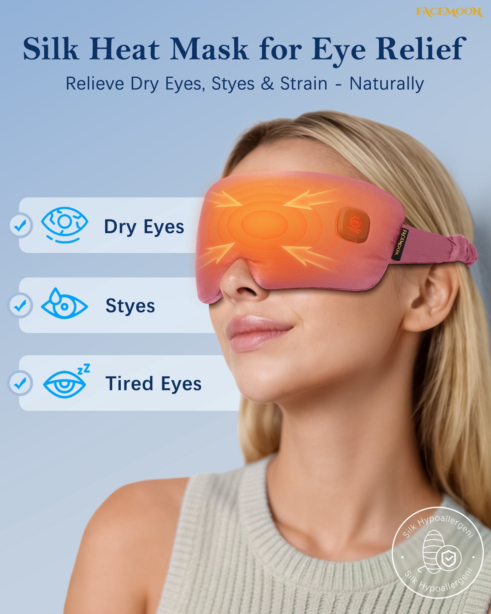 FACEMOON Silk Comfort Heated Eye Mask for Dry Eyes Warm Moist Heat Therapy Sleep Aid Blue
