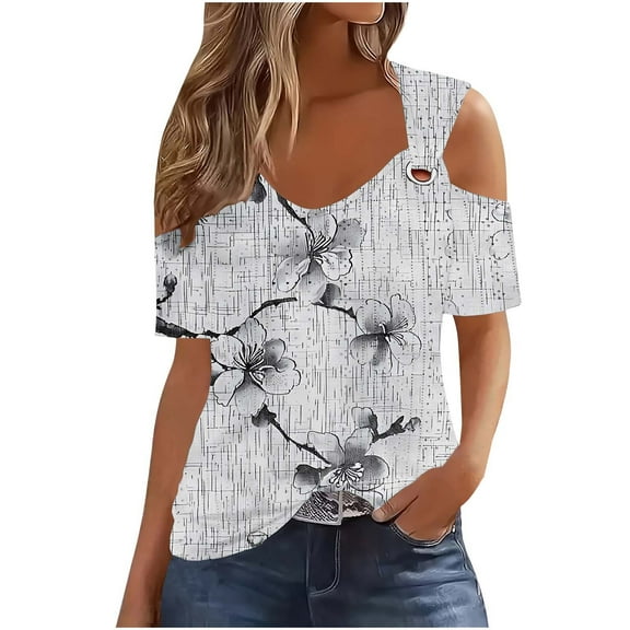 cocolona Womens Summer Cold Shoulder Tops 2025 V Neck Short Sleeve Floral Print T-shirts Fashion Casual Loose Blouse Shirts