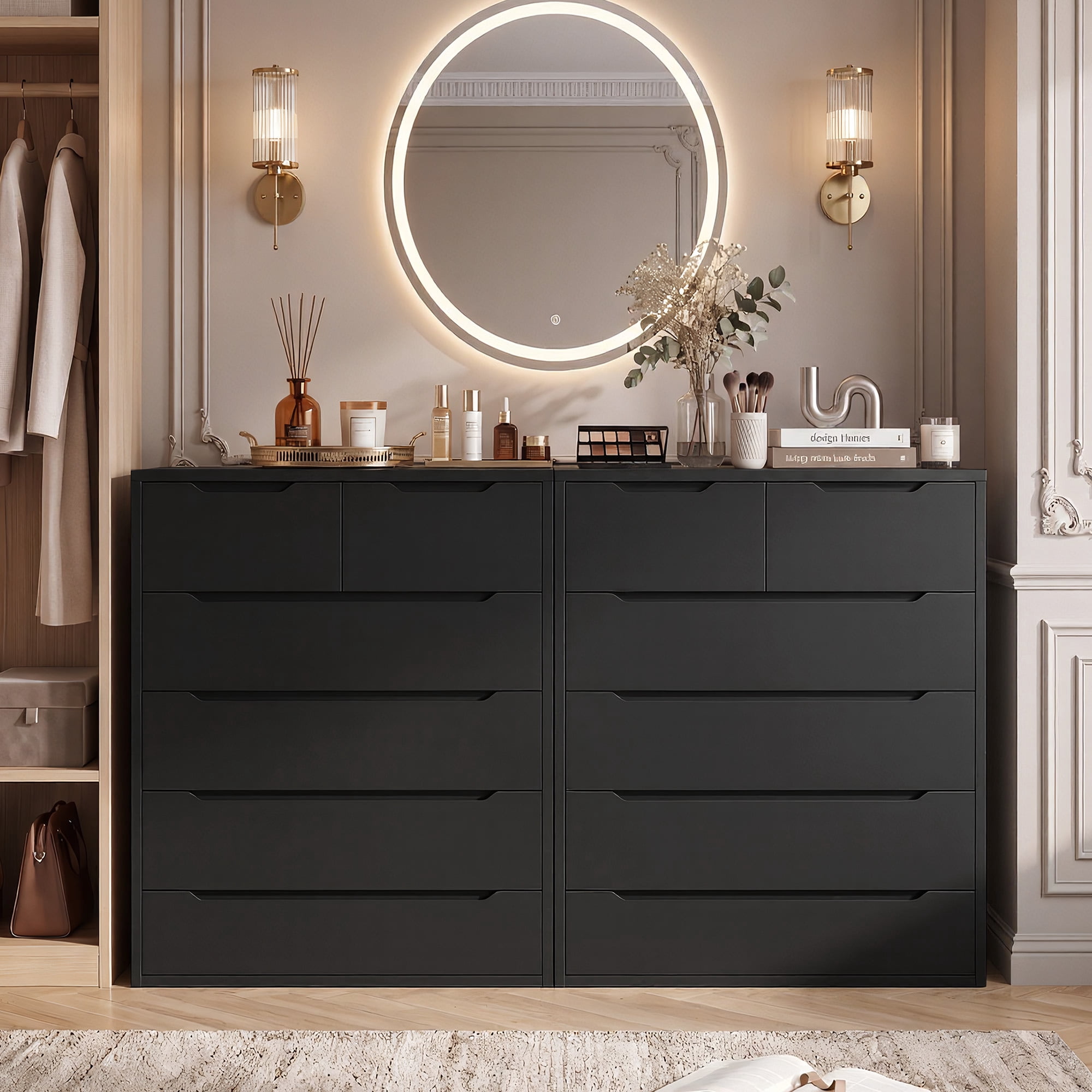 EnHomee Black Tall Dresser Wood 6 Drawer Dressers for Bedroom Wood Chest of Drawers with Smooth Metal Rail Large Dresser Modern Storage Cabinet for Home Office Living Room, 43.2"H x 27.55"L x 15.66"D
