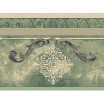 Dundee Deco's Peel and Stick Wallpaper Border - Abstract Green Damask Wall Border Retro Design, 15 ft x 7 in, Self Adhesive