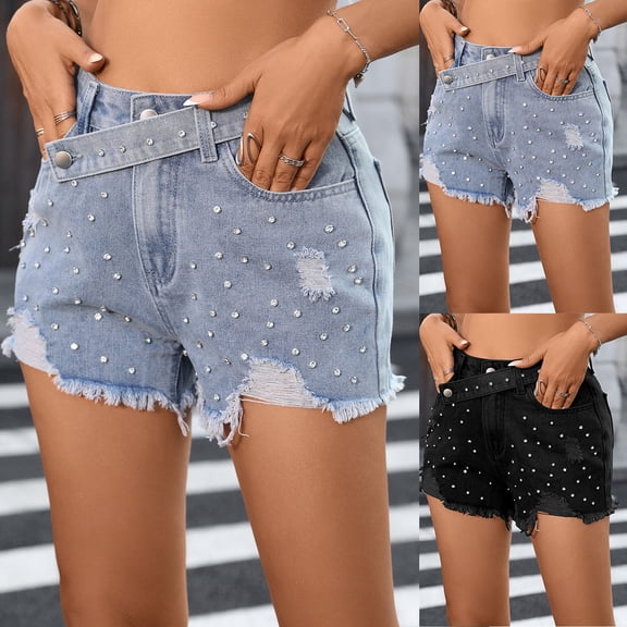 Idoravan Women's Rhinestone Denim Shorts Womens Ripped Denim Shorts High Waist Jean Short Summer Casual Jean Shorts Trendy Women's Casual Fashion Solid Color High Waisted Pocket Half Shorts Jeans