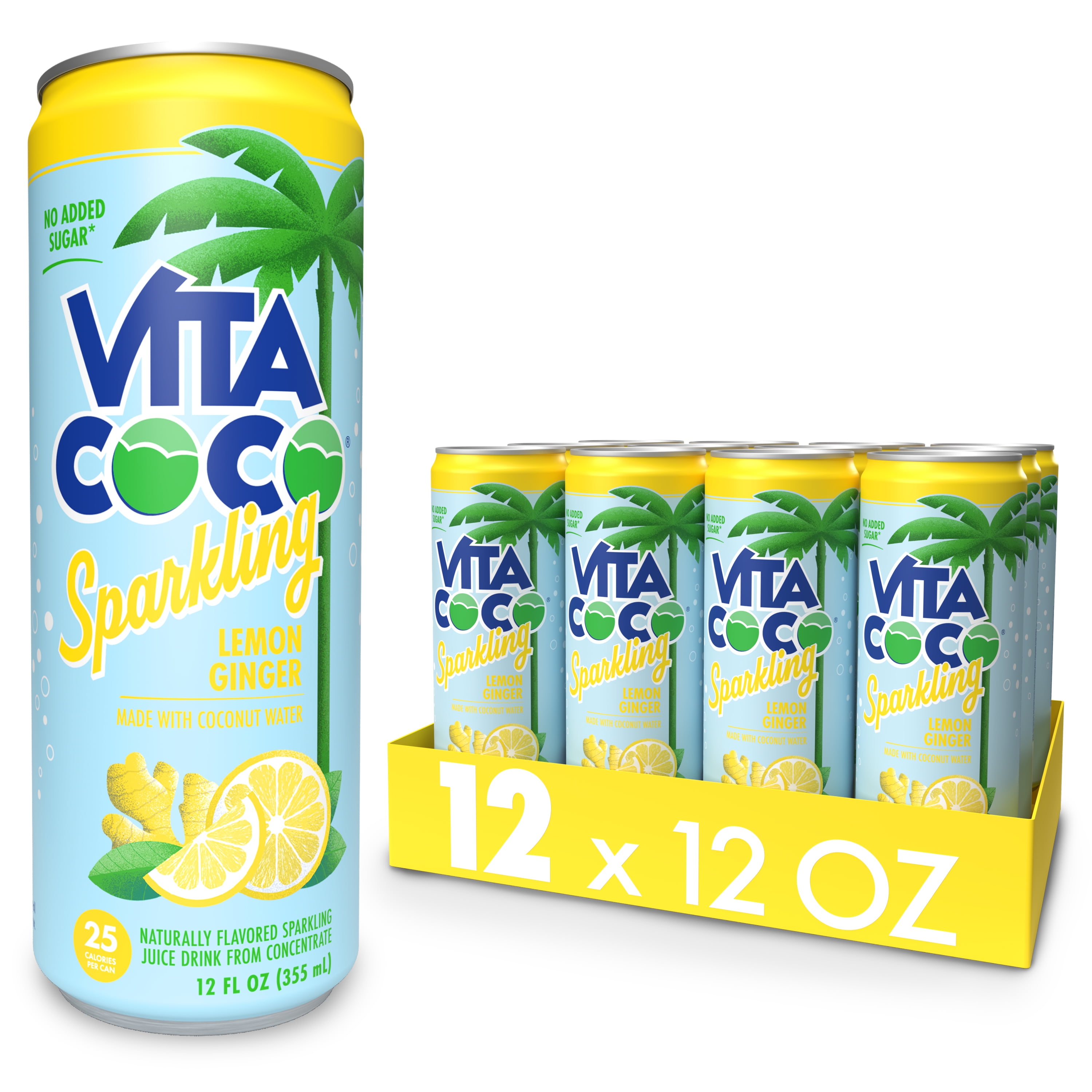Vita Coco Sparkling Coconut Water, Lemon Ginger, 12 fl oz Can (Pack of