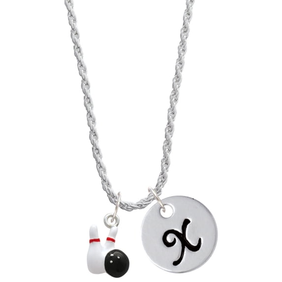Delight Jewelry Silvertone Bowling Pins with Bowling Ball Silvertone Script Initial Disc - X - Charm Necklace, 20"+3"