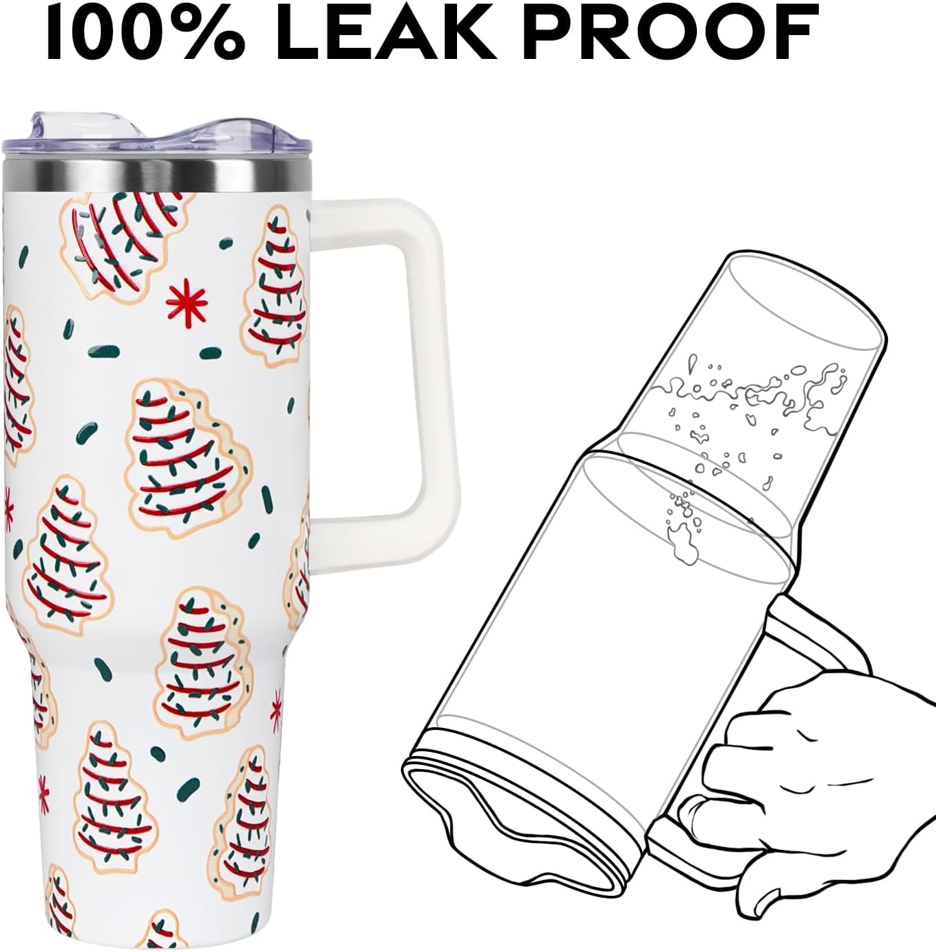 Christmas Cakes Tumbler with Handle and Straw Lid 40 oz,Cute Merry Xmas Tree Cake Gifts for Women Vacuum Insulated Leak Proof Tumbler,Winter Holiday Accessories Stainless Steel Coffee Cup Mug