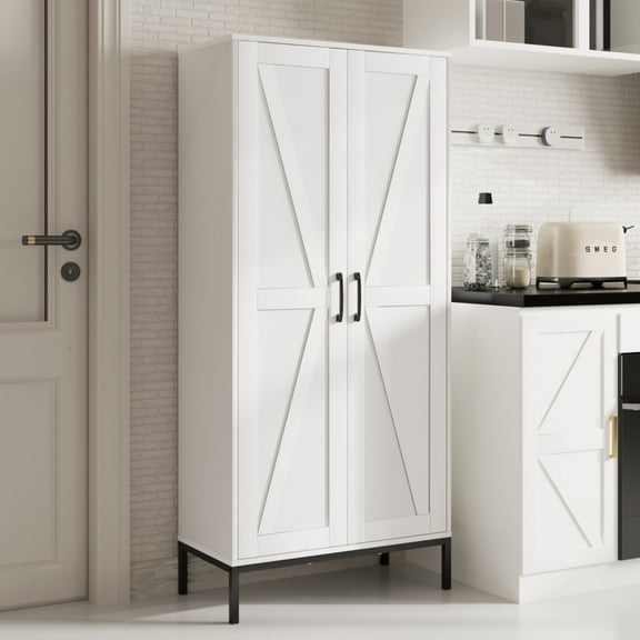 BOCVKENN Pantry - Kitchen Pantry Cabinet,Farmhouse Storage Cabinet with 2 Barn Doors & Adjustable Shelves, Tall Cabinet Freestanding Storage Cupboard for Kitchen, Dining Room, Bathroom