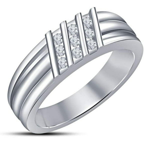 Mens Wedding Band Ring 925 Sterling Silver 14K White Gold Plating Round Cut White Diamond