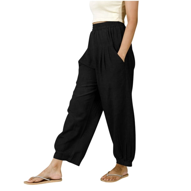 Pantalones de Cintura Elástica para Mujeres de Cintura Alta Color Sólido con Bolsillos, Pantalones de Longitud Completa Casual para Todas las Estaciones