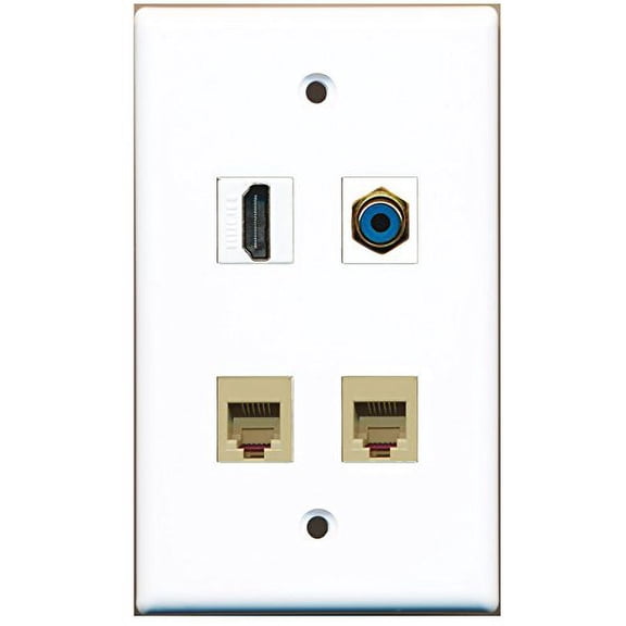 RiteAV - 1 Port HDMI 1 Port RCA Blue 2 Port Phone RJ11 RJ12 Beige Wall Plate