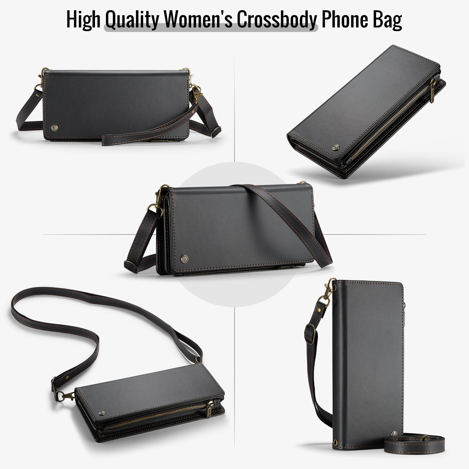 ELEHOLD Phone Bag Wallets for Women Girls,Luxury PU Leather Wallet Bag Crossbody Handbag with Phone Pocket Zipper Pocket Large Capacity Credit Card Holders Wriststrap Shoulder Strap,Black