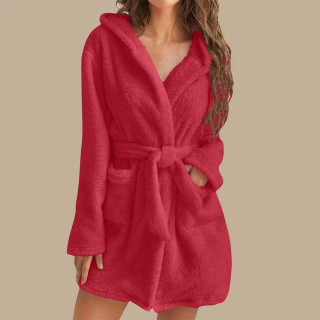 RXIRUCGD Femmes Couleur Douce Manches Longues Col en V Hiver Ceintures Poches Molleton Faux Velours Tenue de Nuit Robe Chemises de Nuit( Rouge, Taille:m )