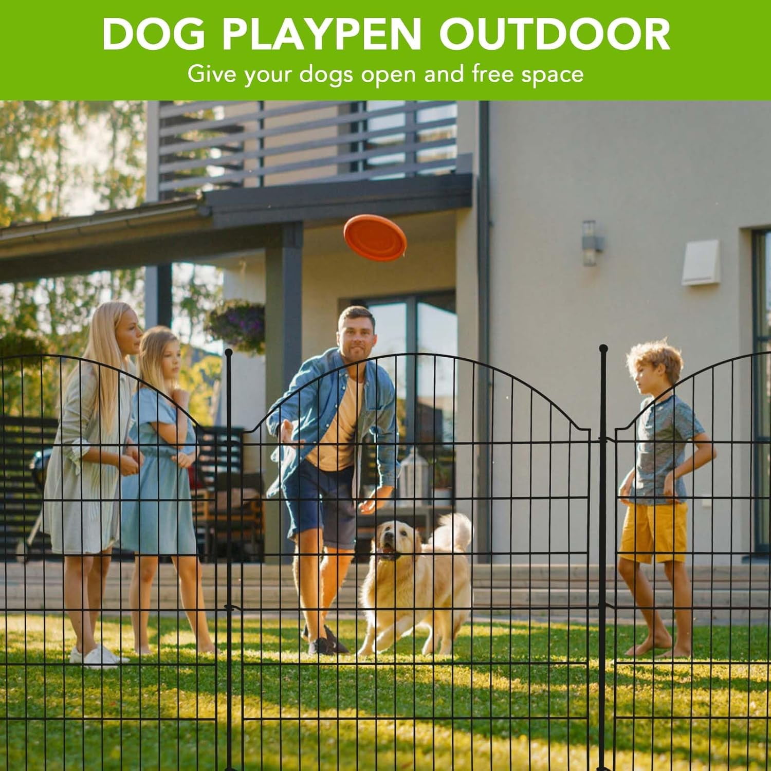 IdealHouse 15-Panel No-Dig Decorative Garden Fence with Door, 32" H x 24' L Metal Animal Barrier, Rustproof Outdoor Wire Fence for Yard, Patio & Landscape, Horizontal Top