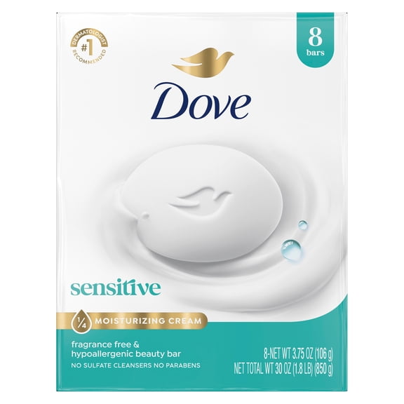 Dove Beauty Bar Soap For Sensitive Skin, Sensitive, Fragrance Free And Hypoallergenic ,3.75 oz 8 Bars