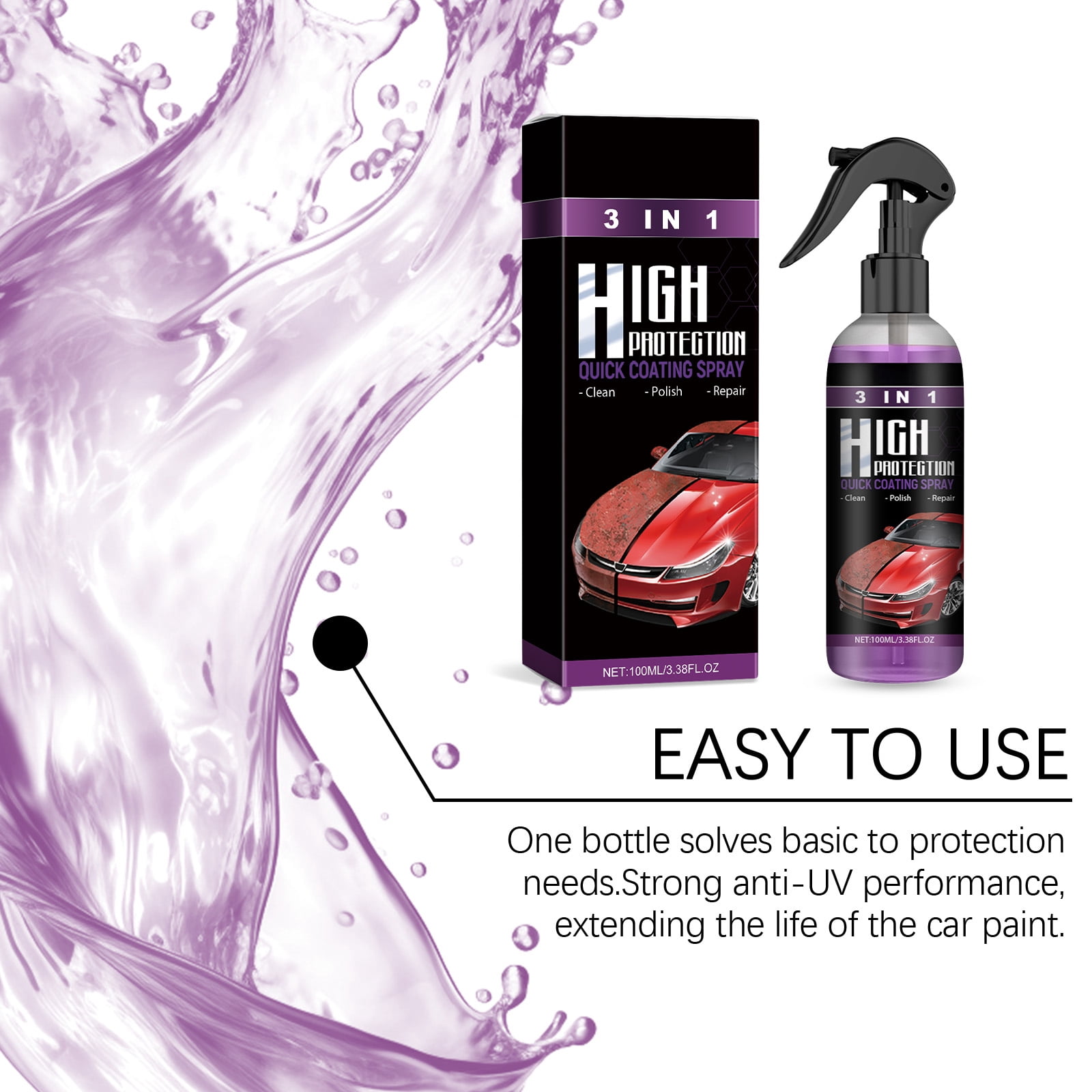 Alvantor 3 in 1 High Protection Hydrophobic Car Coating Spray, Ceramic Sealant, 3.38fl.oz