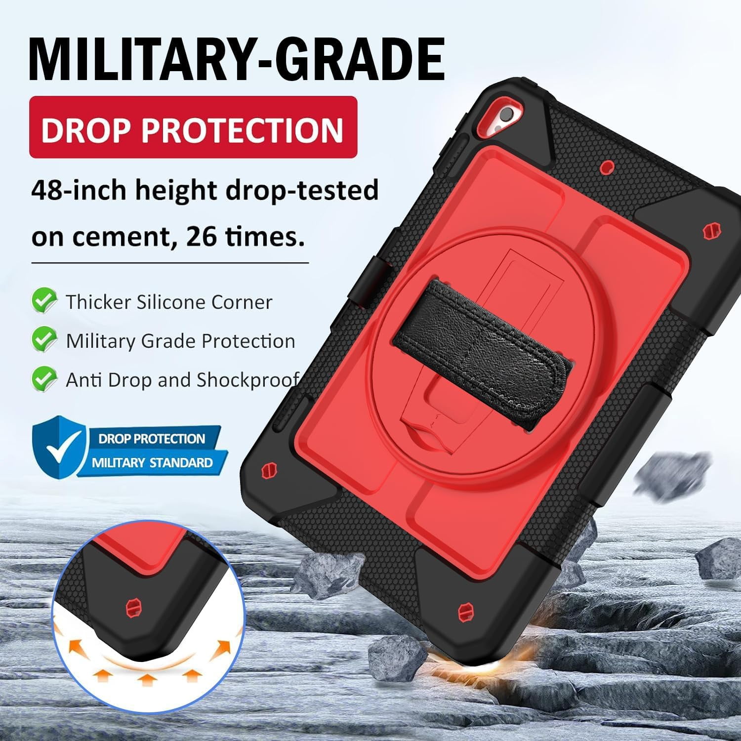 BMOUO iPad 6th / 5th Generation Case,iPad 9.7 2018/2017 Case,iPad Air 2 Case,3 Layer Shockproof [360 Swivel Stand][Hand Strap][Pencil Holder] Kids Case for iPad 9.7 Inch 2018/2017 - Black+Red