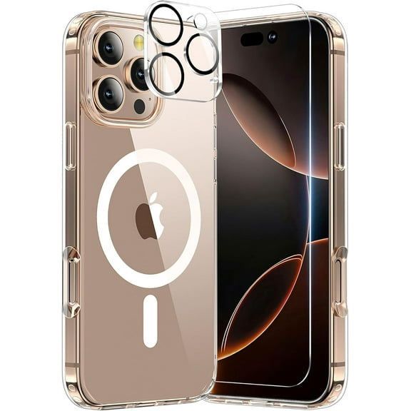 3-in-1 Entronix Bundle with Magnetic Clear Case, 1 Clear Camera Lens Protector and 1 Tempered Glass Screen Protector For iPhone 16 Pro Max, Slim Fit Transparent Cover