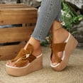 thumbnail image 3 of Rokment Women's Platform Wedge Flip Flops Delicate-Bee Bowknot Fashion Casual Suede Extra Chunky High Heels Slip on Backless Dress Sandals Comfortable Walking Slides Summer Shoes Brown Size 9.5, 3 of 6