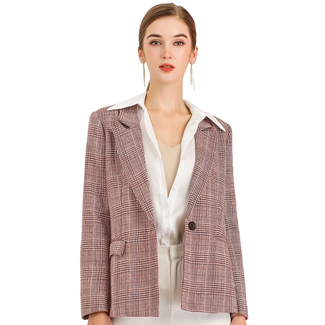 INSPIRE CHIC Blazers para mujer Chaqueta tipo blazer a cuadros con solapa con muesca Boyfriend borgo?a S