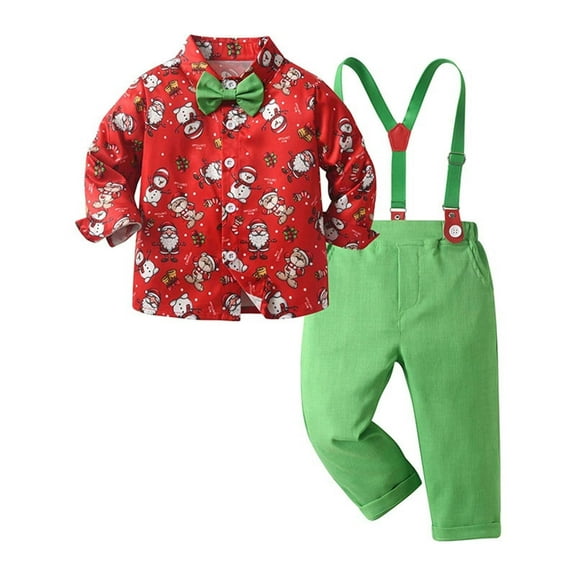 FYDUU Toddler Boy Clothes Toddler Boys Gentleman Outfit Christmas Dress Shirts Suspenders Pants Baby Holiday Party Clothes Set,Green,1-2 Years