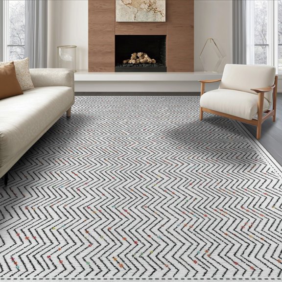 ODIKA 8'x10' Washable Area Rug Herringbone Diagonal Geometric Featuring Interlocking Shapes for King Size Bedroom Under Bed, Master Suite, Non-Shedding, Easy Care