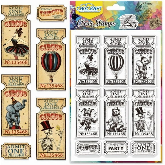 Circus Vintage Tickets Clear Stamps Postage Transparent Stamps Silicone Clear Stamp Seals for DIY Scrapbooking Photo Album Decoration 4.3x6.3 inch