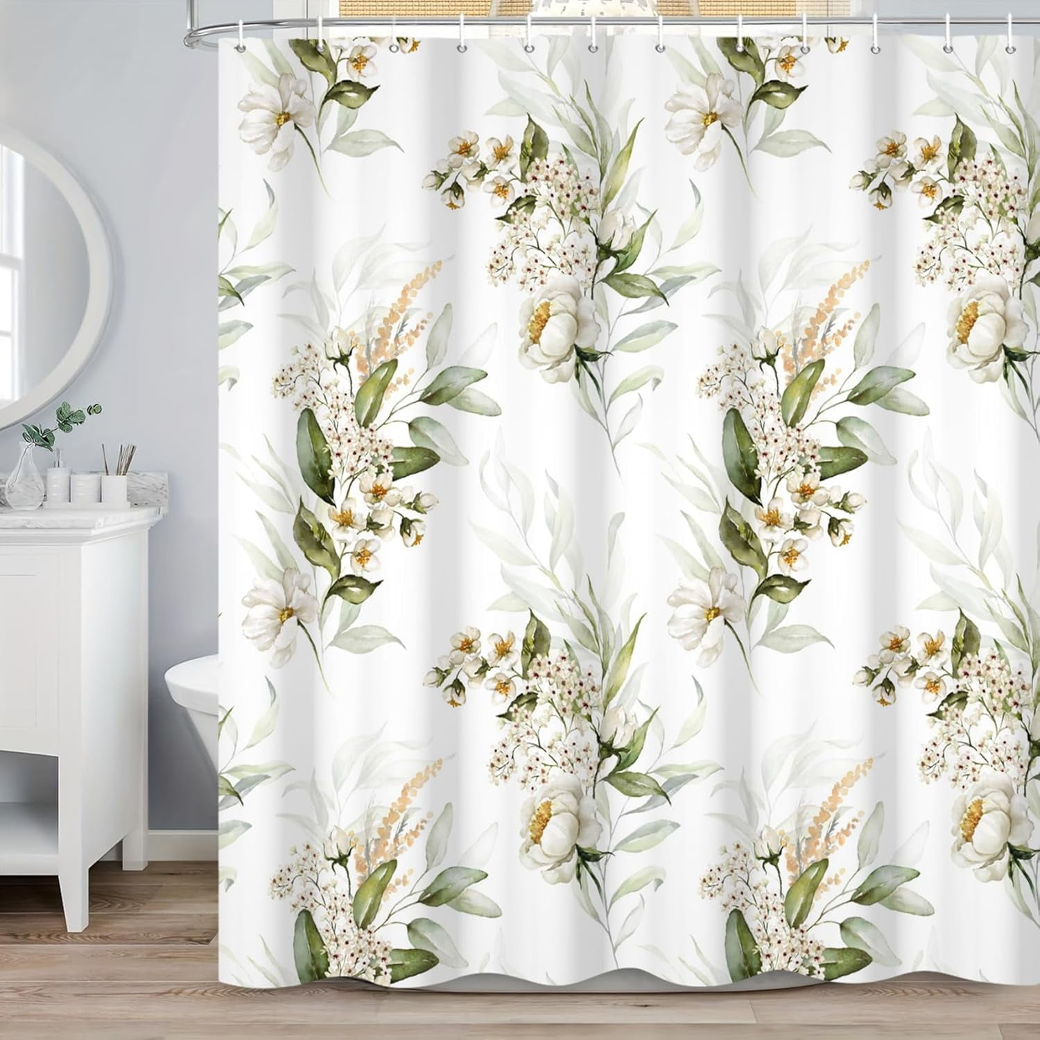 72x80 Inches Watercolor Floral Shower Curtain White Flowers Eucalyptus Leaves Botanical Leaf Nature Plant Fabric Shower Curtains for Bathroom Decor Waterproof Polyester with Hooks