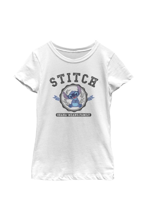 Girl's Lilo & Stitch Ohana Means Family Collegiate Graphic Tee White Small