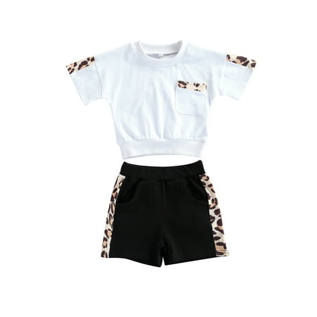 

Bmnmsl Kid Sets Casual Leopard Stitching Short Sleeve Tops Shorts Set