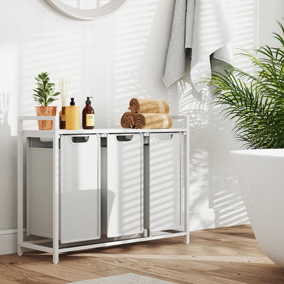 LEDREM 3-Compartment Laundry Sorter with Shelf, 31.7 Gallon Capacity, Removable Bags & Steel Frame, Cream White and Cloud White