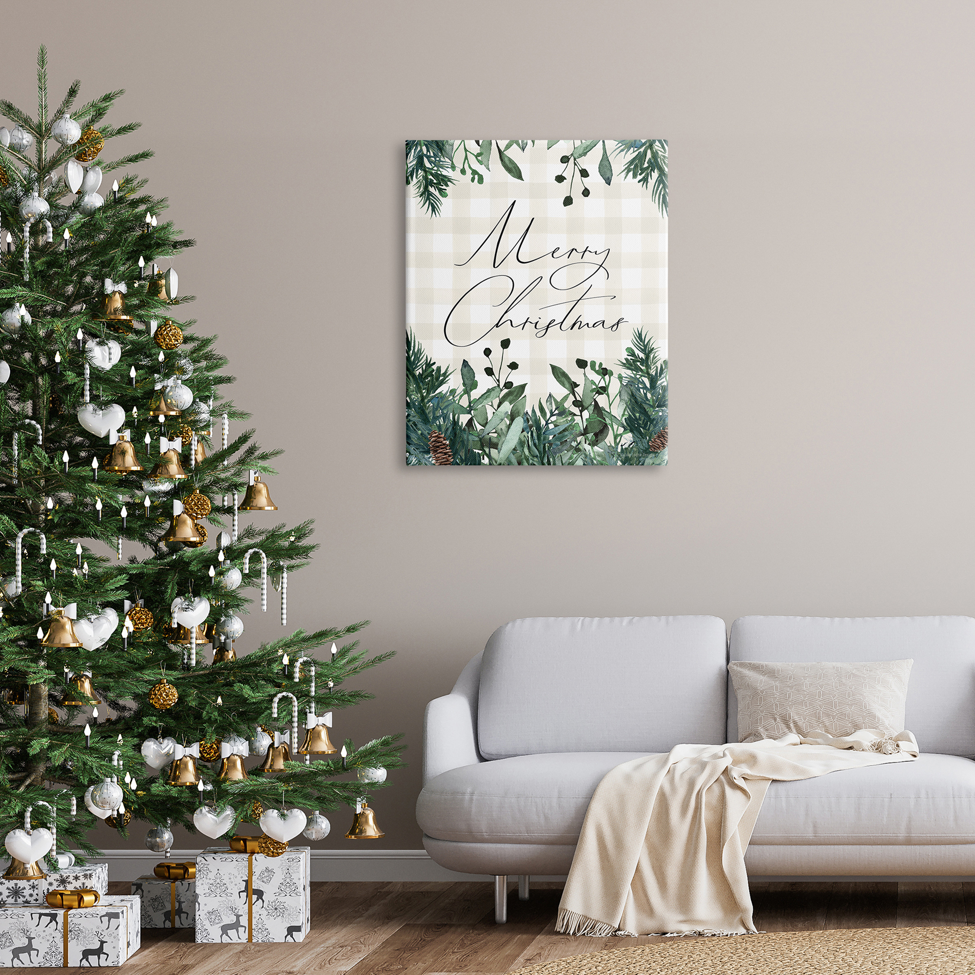 Merry Christmas Script Gingham Pinecone Botanicals Border Botanical & Floral Graphic Art Gallery-Wrapped Canvas Print Wall Art