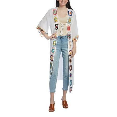 Kimono Duster - White Crochet Pom-Pom Beach Cover-up Duster for Women Summer Casual Cover up Floral Beach Duster Online by Oussum