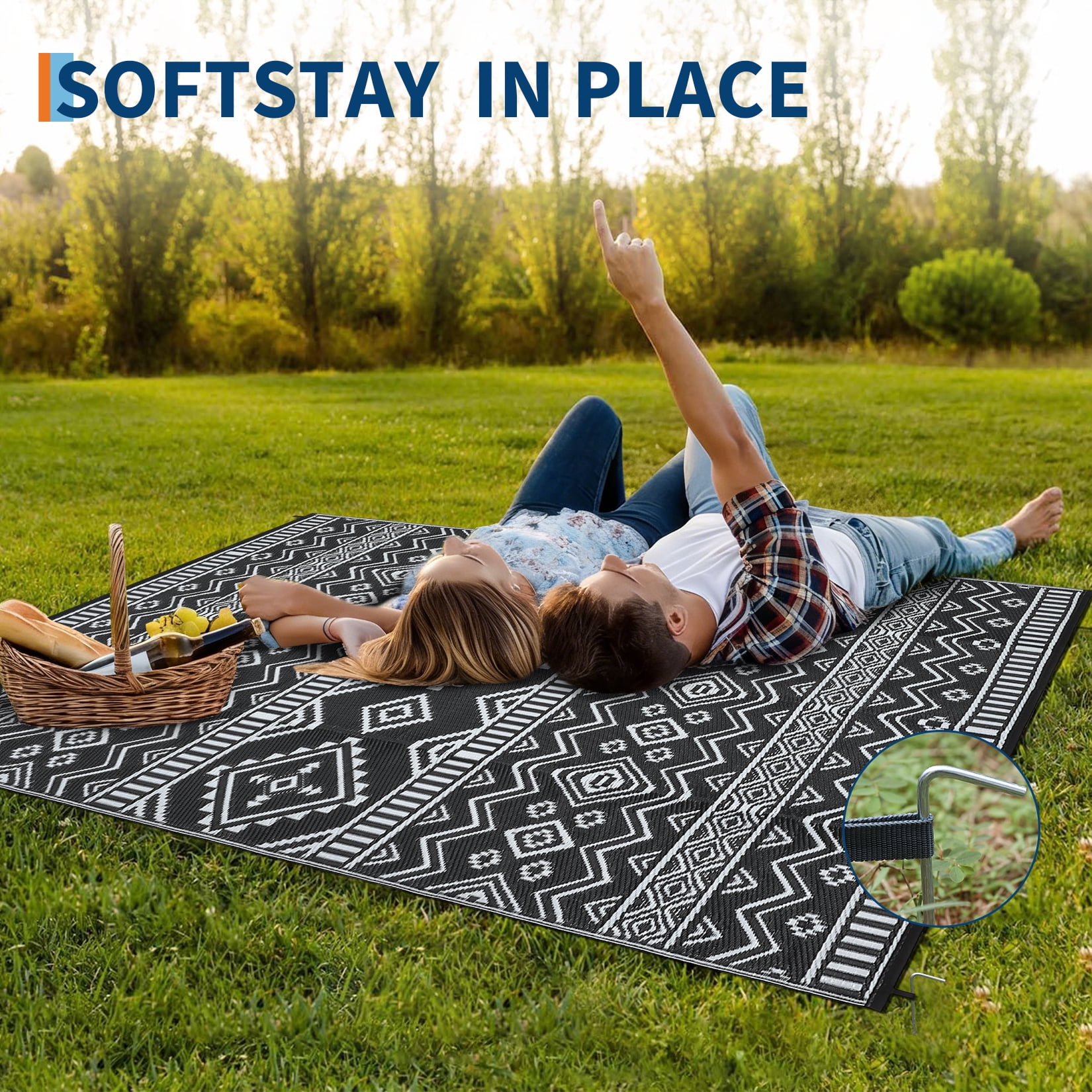 HIWEAVER 8' x 10' Black/White Outdoor Rug PP Plastic Straw Woven Waterproof Patio Rug with Border Portable Outside Carpet for Balcony Deck Picnic Garden Decor