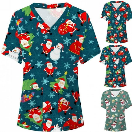 

Wirziis Christmas Costumes for Women Nursing Scrub Tops Christmas Printed Working Uniform Short Sleeve V-Neck Workwear Blouse T-shirt with Pockets