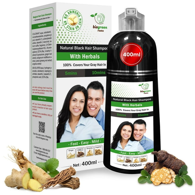 Champú BIOGREEN ROOTS, tinte natural para cabello negro, 400 ml