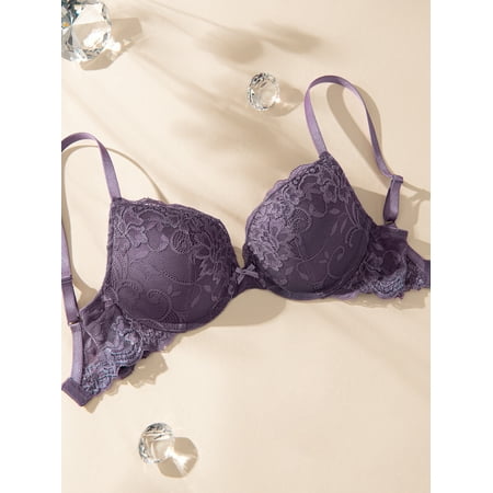 Deyllo Women s Lace Push Up Padded Plunge Add Cups Underwire Lift Up Bra  Purple 32C