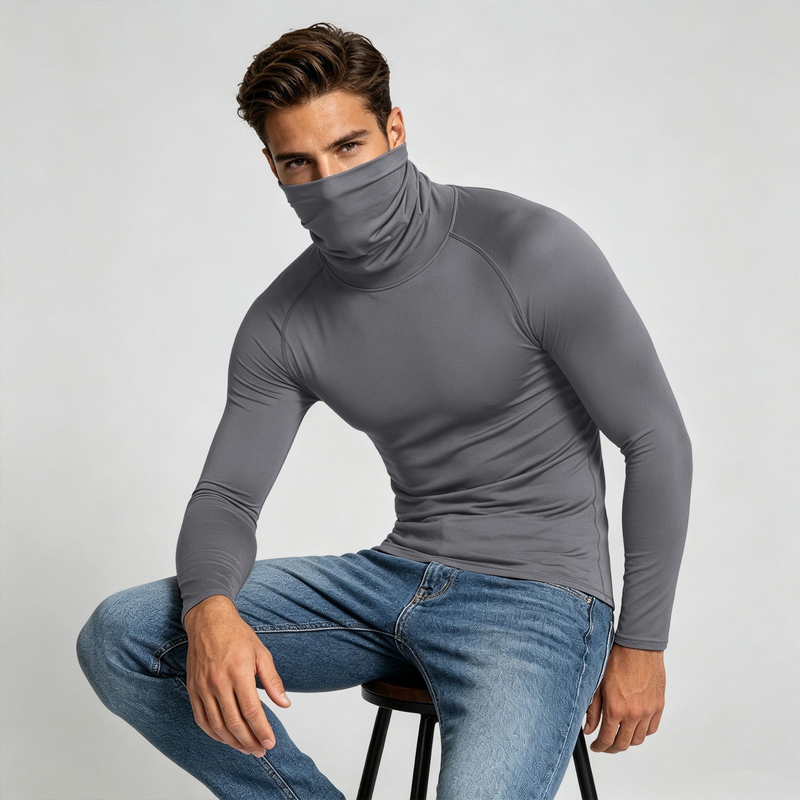 DayScoop Men s Turtleneck Long Sleeve Base Layer Shirt Integrated Face Cover Soft Stretchy Thermal Compression Long Sleeve Tee Outdoor Windproof Pullover Top For Men