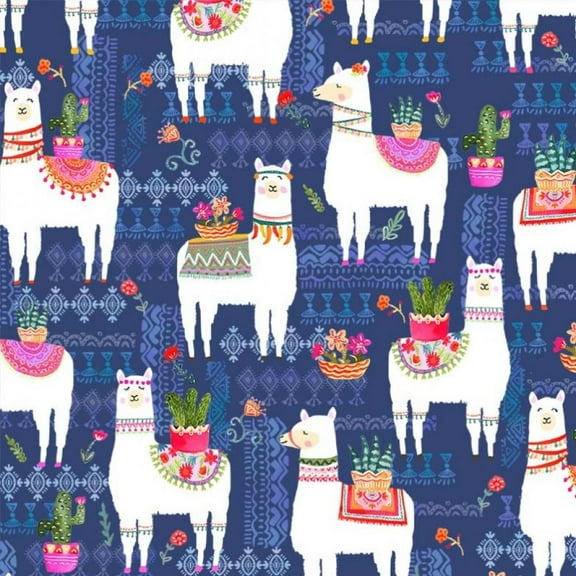 La Llama Navy Cotton Fabric Size: 1 Yard